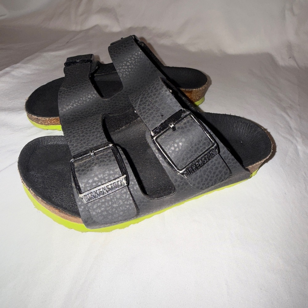 Birkenstock Arizona Black Birko-Flor  Green Sole Sandals Kids Size 31 US 13-13.5
